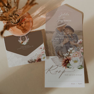 Boho Floral Country Western Monogram Photo Wedding All In One Invitation