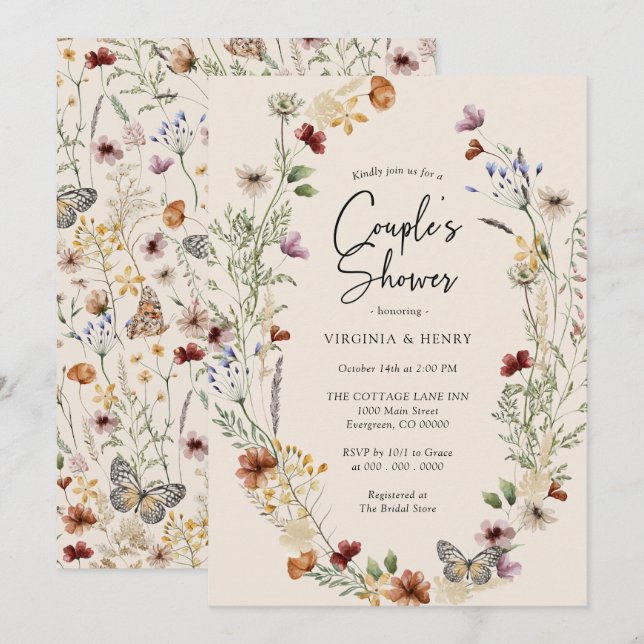 Boho Floral Couples Douche Invitation (Devant / Derrière)
