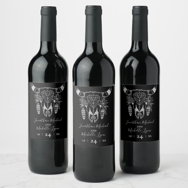 Boho Floral Cow Skull Black and White Wedding Wine Label (Bottles)