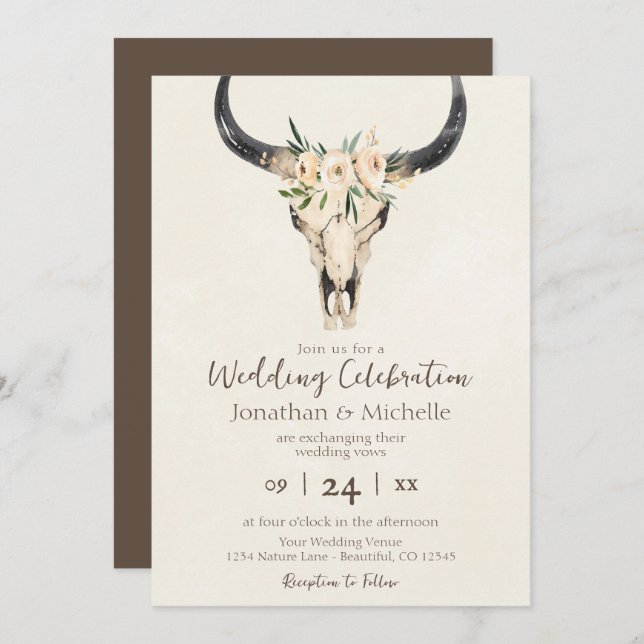 Boho Floral Cow Skull Brown and Cream Wedding Invitation (Front/Back)