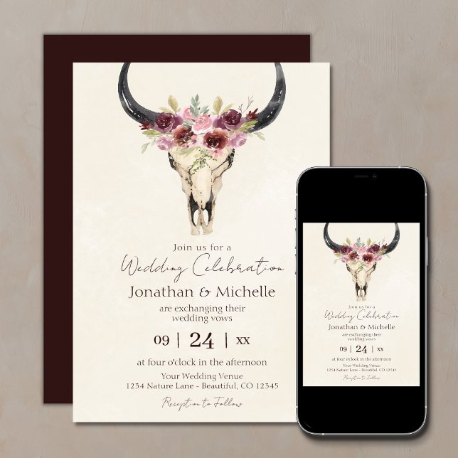 Boho Floral Cow Skull Burgundy and Cream Wedding Invitation (Creator Uploaded)