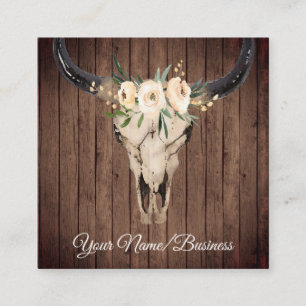 Boho Floral Cow Skull on Barnwood Background Square Business Card