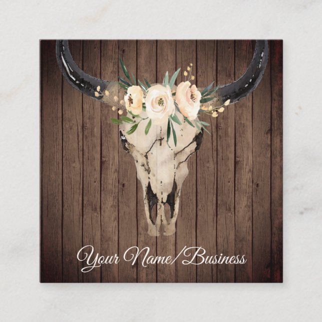 Boho Floral Cow Skull on Barnwood Background Square Business Card (Front)