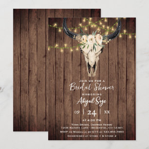 Boho Floral Cow Skull on Rustic Wood Bridal Shower Invitation