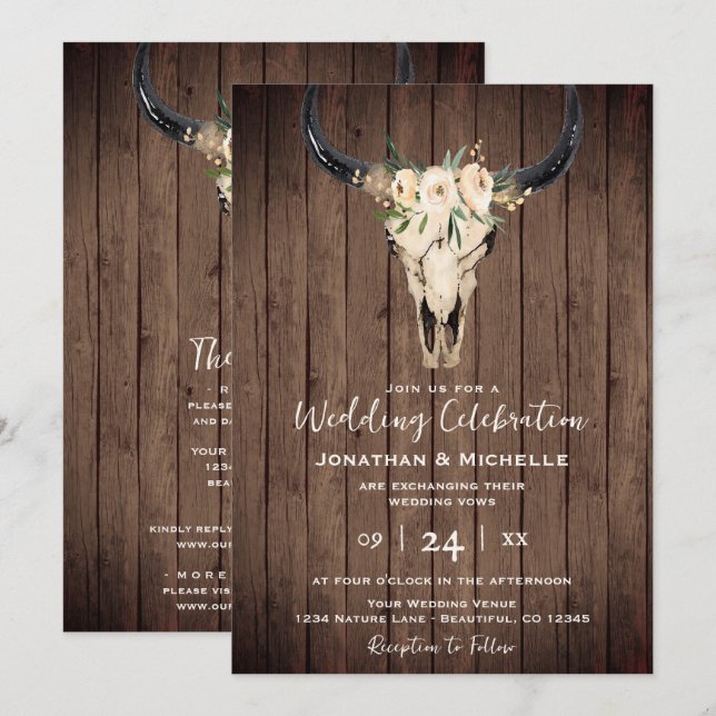 Boho Floral Cow Skull on Wood All in One Wedding Invitation (Front/Back)