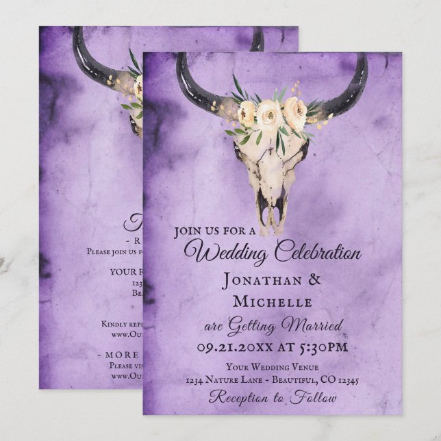Boho Floral Cow Skull Purple All In One Wedding Invitation (Front/Back)