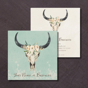 Boho Floral Cow Skull Turquoise and Cream Square Business Card