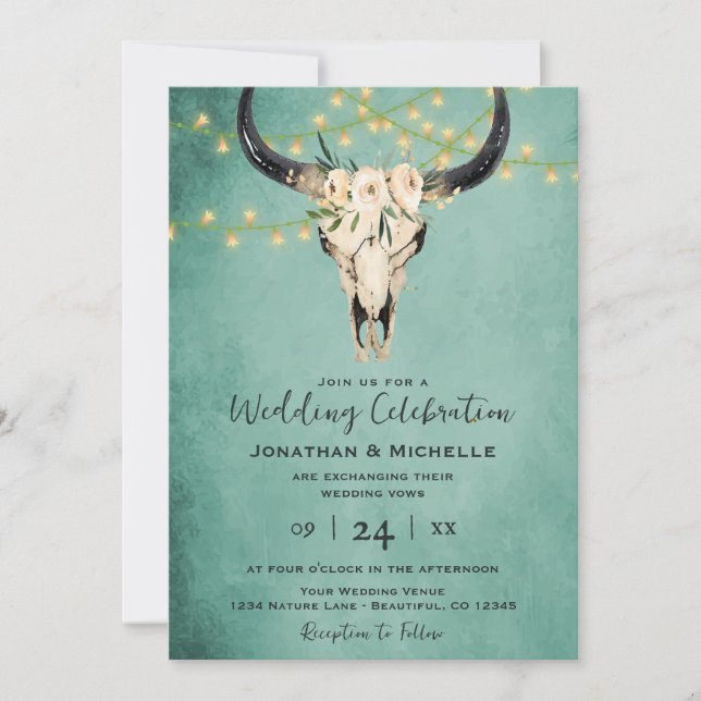 Boho Floral Cow Skull w/ Lights Turquoise Wedding Invitation (Front)