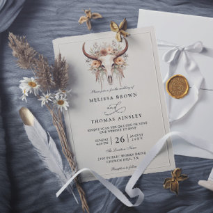 Boho Floral Cow Skull Western QR Code Wedding Invitation