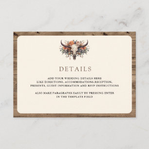 Boho Floral Cow Skull Western Wedding Details Enclosure Card