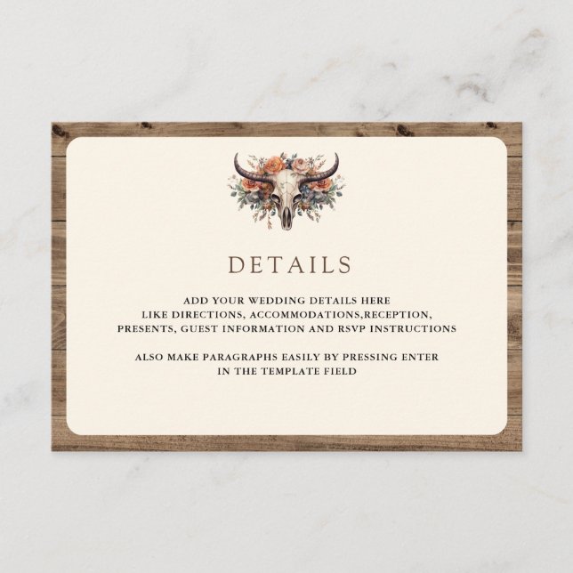 Boho Floral Cow Skull Western Wedding Details Enclosure Card (Front)