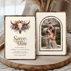 Boho Floral Cow Skull Western Wedding Photo Save The Date
