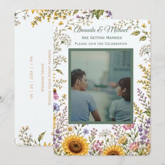 Boho Floral Custom Photo Wedding Invitation (Front/Back)