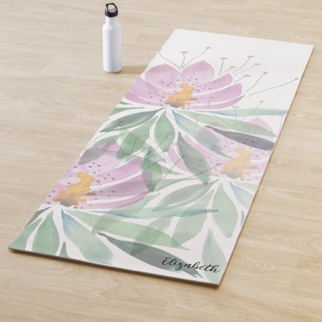 Boho Floral Cute Pink Green Personalized  Yoga Mat (In Situ)