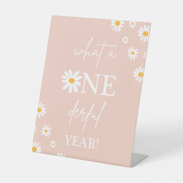 Boho Floral Daisy Groovy Birthday Onederful Year Pedestal Sign (Front)