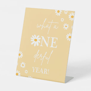 Boho Floral Daisy Groovy Birthday Onederful Year Pedestal Sign