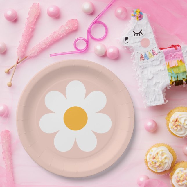 Boho Floral Daisy Groovy Birthday Party Decor Paper Plate (Party)