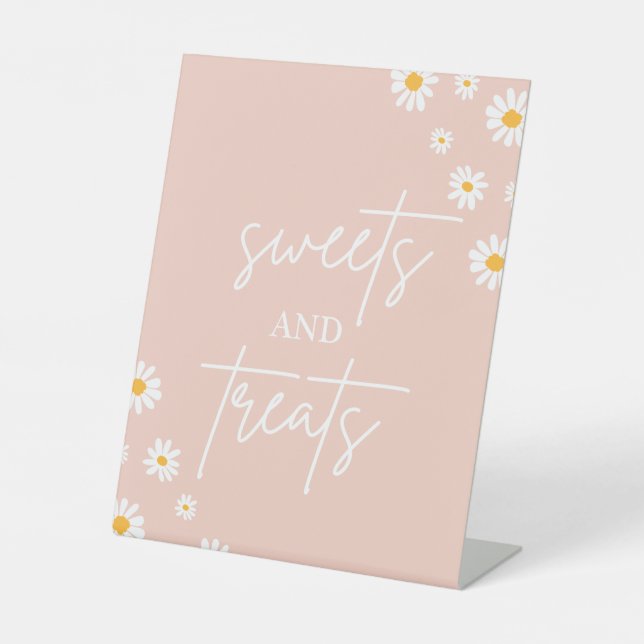 Boho Floral Daisy Groovy Birthday Sweets & Treats Pedestal Sign (Front)