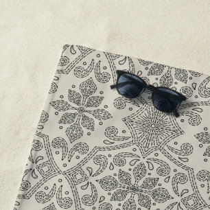 Boho Floral Damask Line Art, Black on Beige Beach Towel