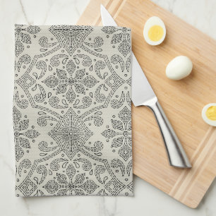 Boho Floral Damask Line Art, Black on Beige Kitchen Towel