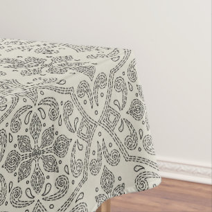 Boho Floral Damask Line Art, Black on Beige Tablecloth