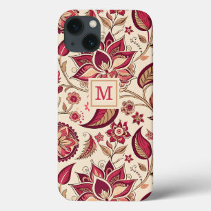 Boho Floral Deep Berry Pink on Cream Monogram iPhone 13 Case