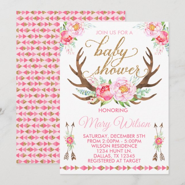 Boho Floral Deer Antler Baby shower Invitation (Devant / Derrière)