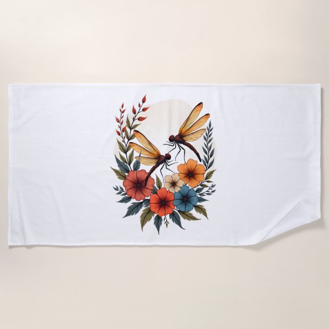 Boho Floral Dragonfly Beach Towel (Front)