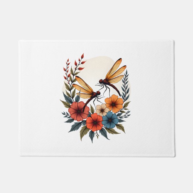 Boho Floral Dragonfly Doormat (Front)