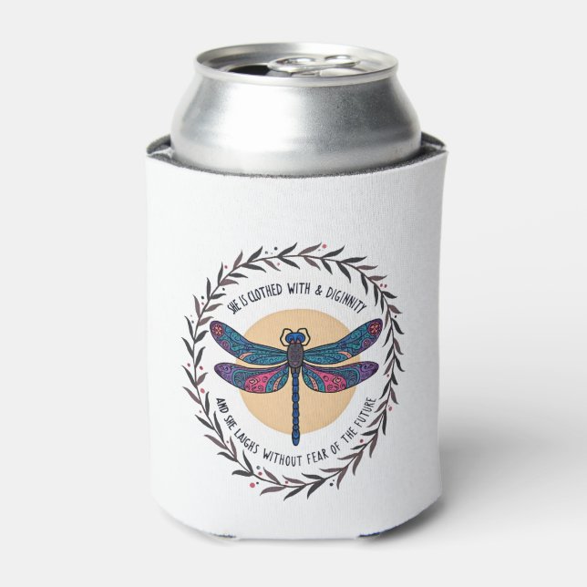 Boho Floral Dragonfly She Is Clothed With Strength Can Cooler (Can Front)