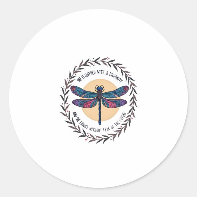 Boho Floral Dragonfly She Is Clothed With Strength Classic Round Sticker (Front)