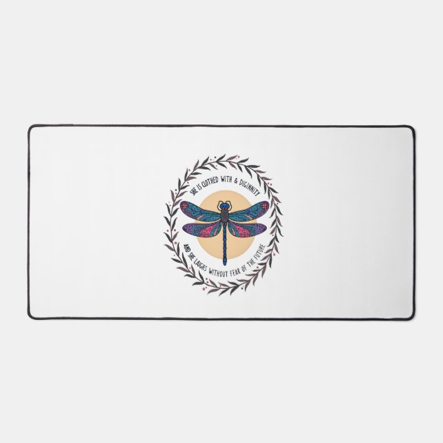Boho Floral Dragonfly She Is Clothed With Strength Desk Mat (Front)