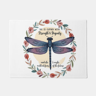 Boho Floral Dragonfly She Is Clothed With Strength Doormat