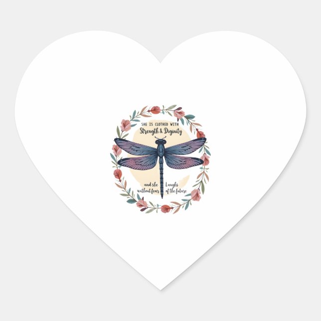 Boho Floral Dragonfly She Is Clothed With Strength Heart Sticker (Front)