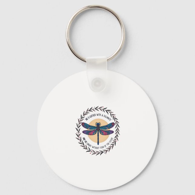 Boho Floral Dragonfly She Is Clothed With Strength Keychain (Front)