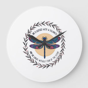 Boho Floral Dragonfly She Is Clothed With Strength Large Clock