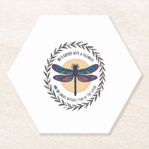Boho Floral Dragonfly She Is Clothed With Strength Paper Coaster