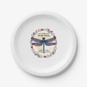 Boho Floral Dragonfly She Is Clothed With Strength Paper Plate