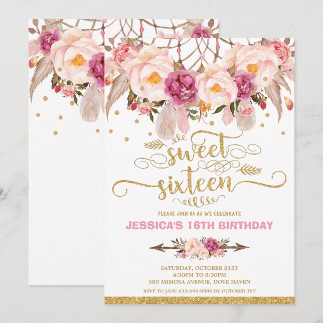 Boho Floral Dream Catcher Sweet 16th Birthday Invitation (Front/Back)