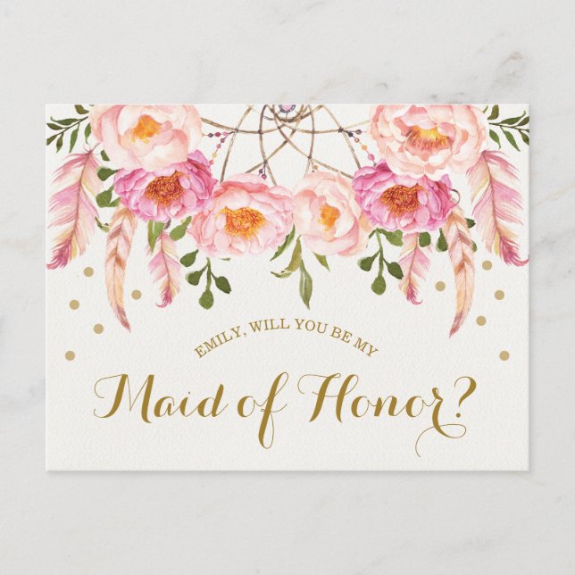 Boho Floral Dreamcatcher Be My Maid of Honour Card (Front)