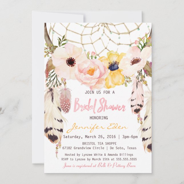 Boho Floral Dreamcatcher Bridal Shower Invitation (Front)