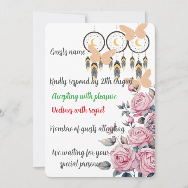 Boho Floral Dreamcatcher Wedding RSVP Card (Front)