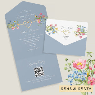 Boho Floral Dusty Blue Wedding All In One Invitation