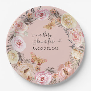 Boho Floral Dusty Blush Pink Modern Baby Shower Paper Plate