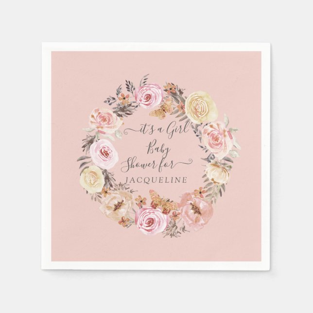 Boho Floral Dusty Pink Modern Baby Girl Shower Napkin (Front)