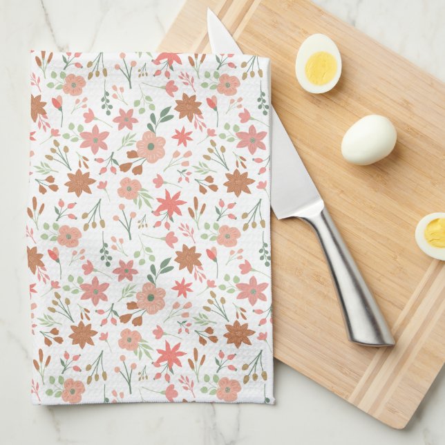 Boho Floral Earth Tones Modern Flowers Kitchen Towel (Quarter Fold)