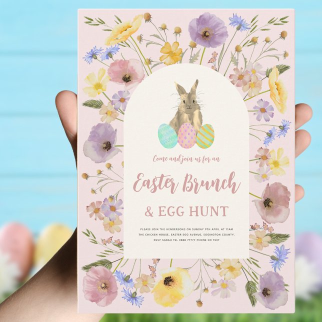 Boho Floral Easter Brunch and Egg Hunt  Invitation (Easter brunch and egg hunt boho floral bunny invitation )