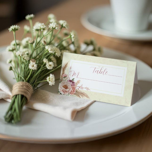 Boho Floral Elegant Wedding Seating Place Cards (Folded seating card for wedding with boho florals and Italian marble background)