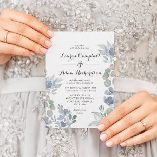 Boho Floral & Eucalyptus Dusty Blue Wedding  Invitation