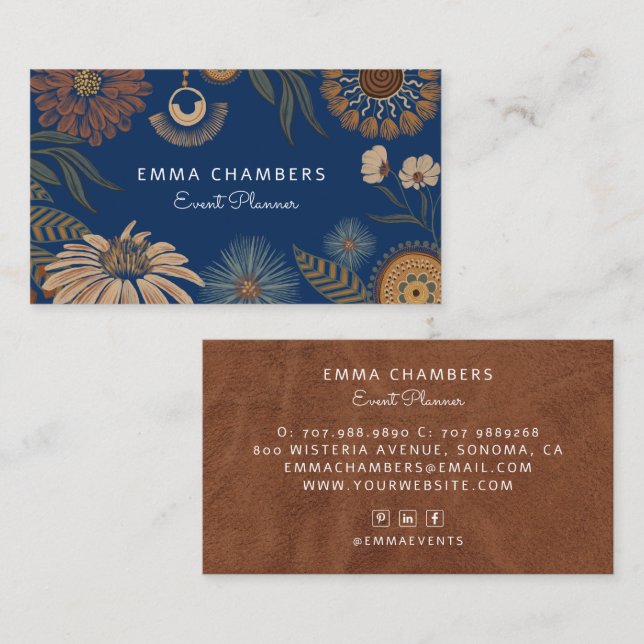 Boho Floral Event Planner Navy Blue Business Card (Front/Back)